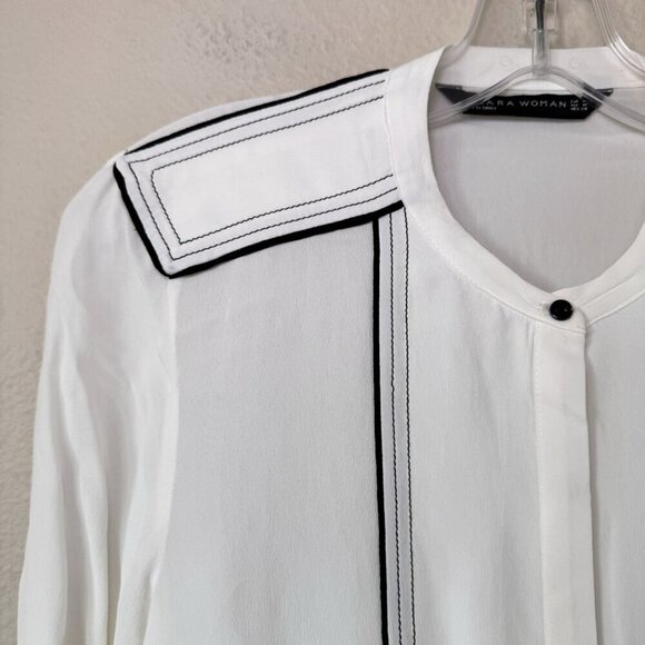 Zara White Black Contrast Crepe Collarless Button Up Blouse Medium Office Siren - Picture 2 of 7